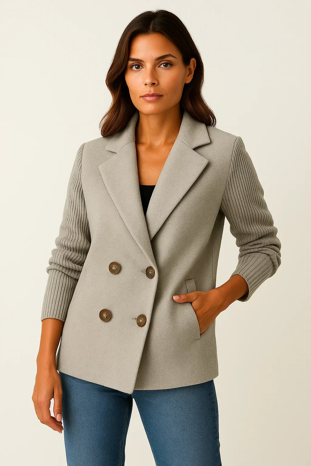 Métier Knit-Sleeve Blazer | Double-Breasted Wool Blend