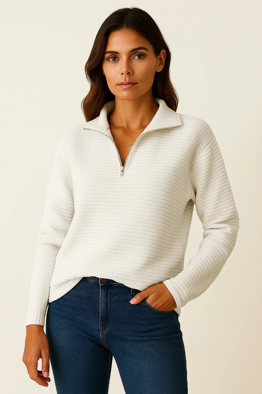 Half Zip Ribbed Pullover | Stand Collar | Relaxed Fit