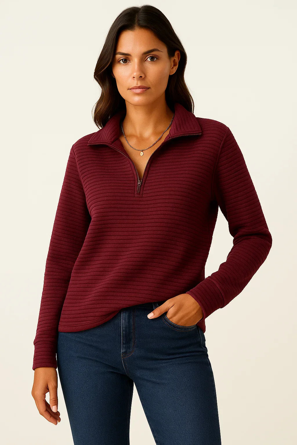 Half Zip Ribbed Pullover | Stand Collar | Relaxed Fit