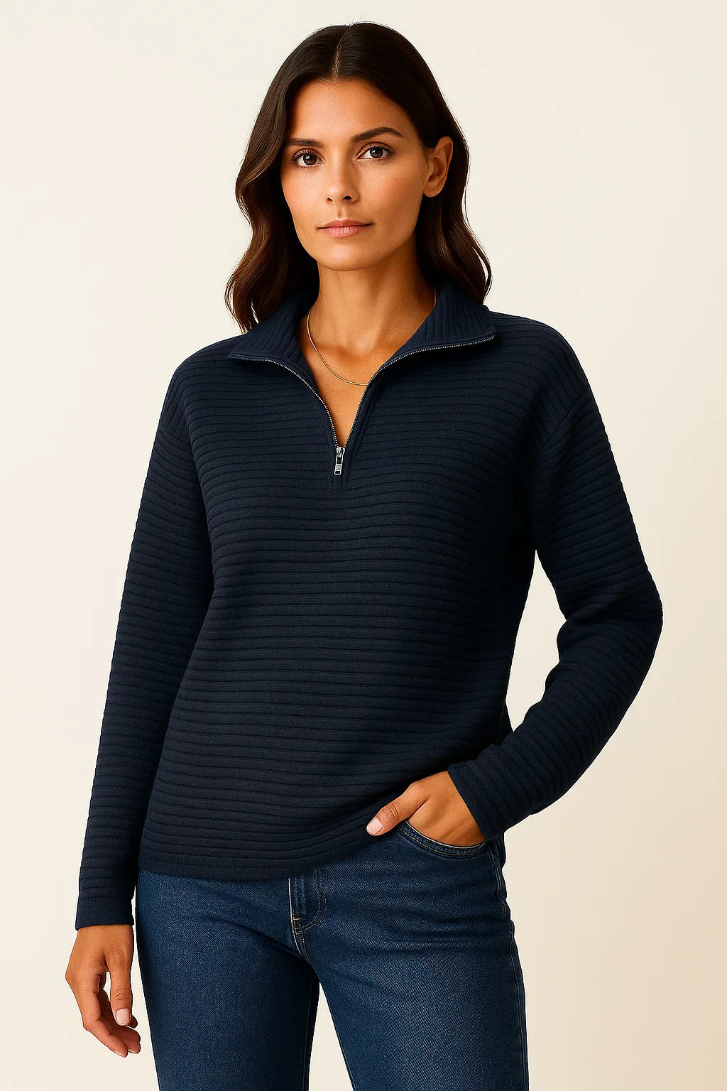 Half Zip Ribbed Pullover | Stand Collar | Relaxed Fit