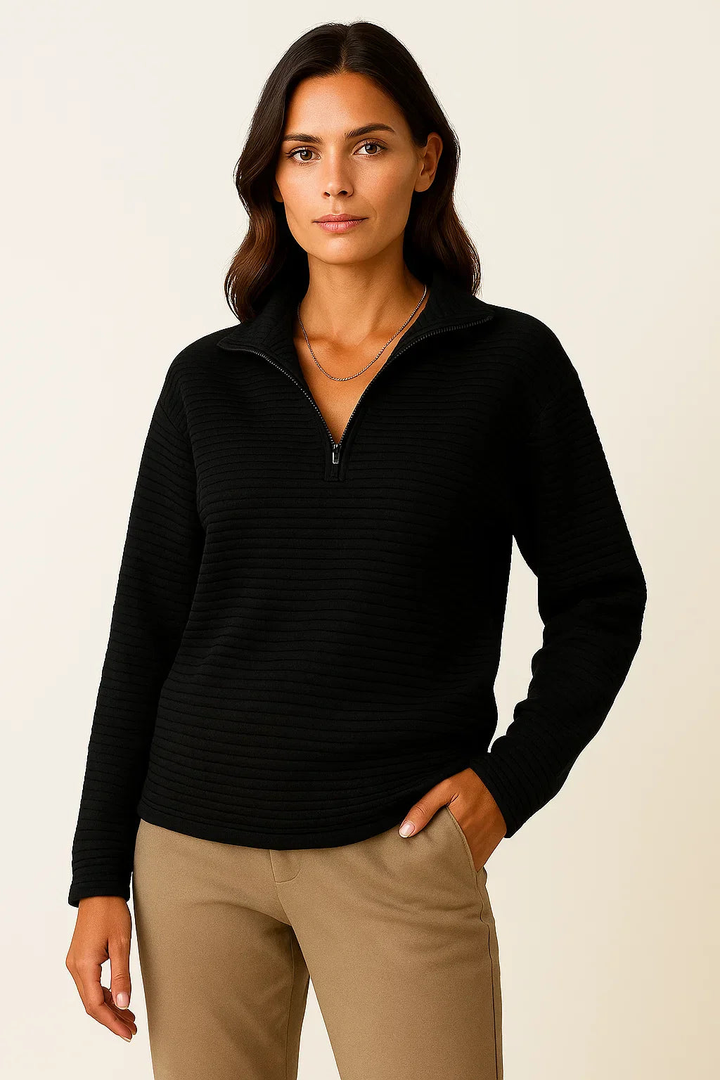 Half Zip Ribbed Pullover | Stand Collar | Relaxed Fit