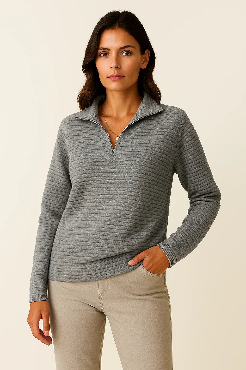 Half Zip Ribbed Pullover | Stand Collar | Relaxed Fit
