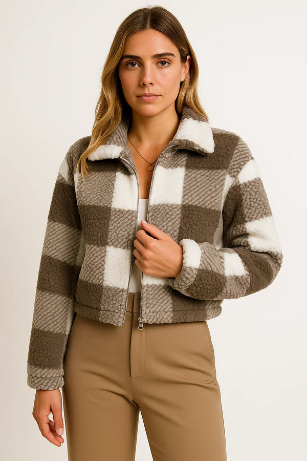 Checked Teddy Jacket | Zip Front | Soft Fleece Finish