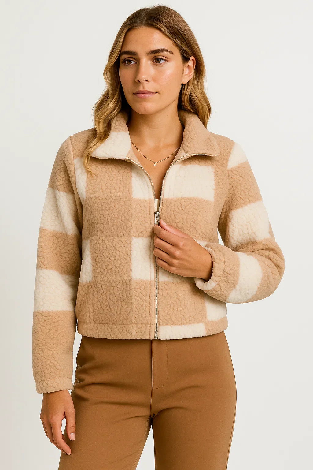 Veste Teddy Carreaux | Zip Front | Finition Tissu Doux