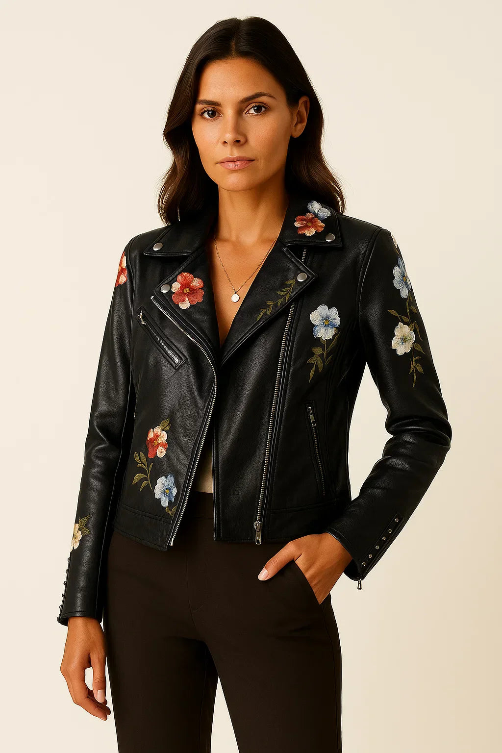 Veste Biker en Faux Cuir Brodé | Fermeture Éclair | Coupe Ajustée