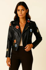 Load image into Gallery viewer, Embroidered Faux Leather Biker Jacket | Zip Closure | Tailored Fit
