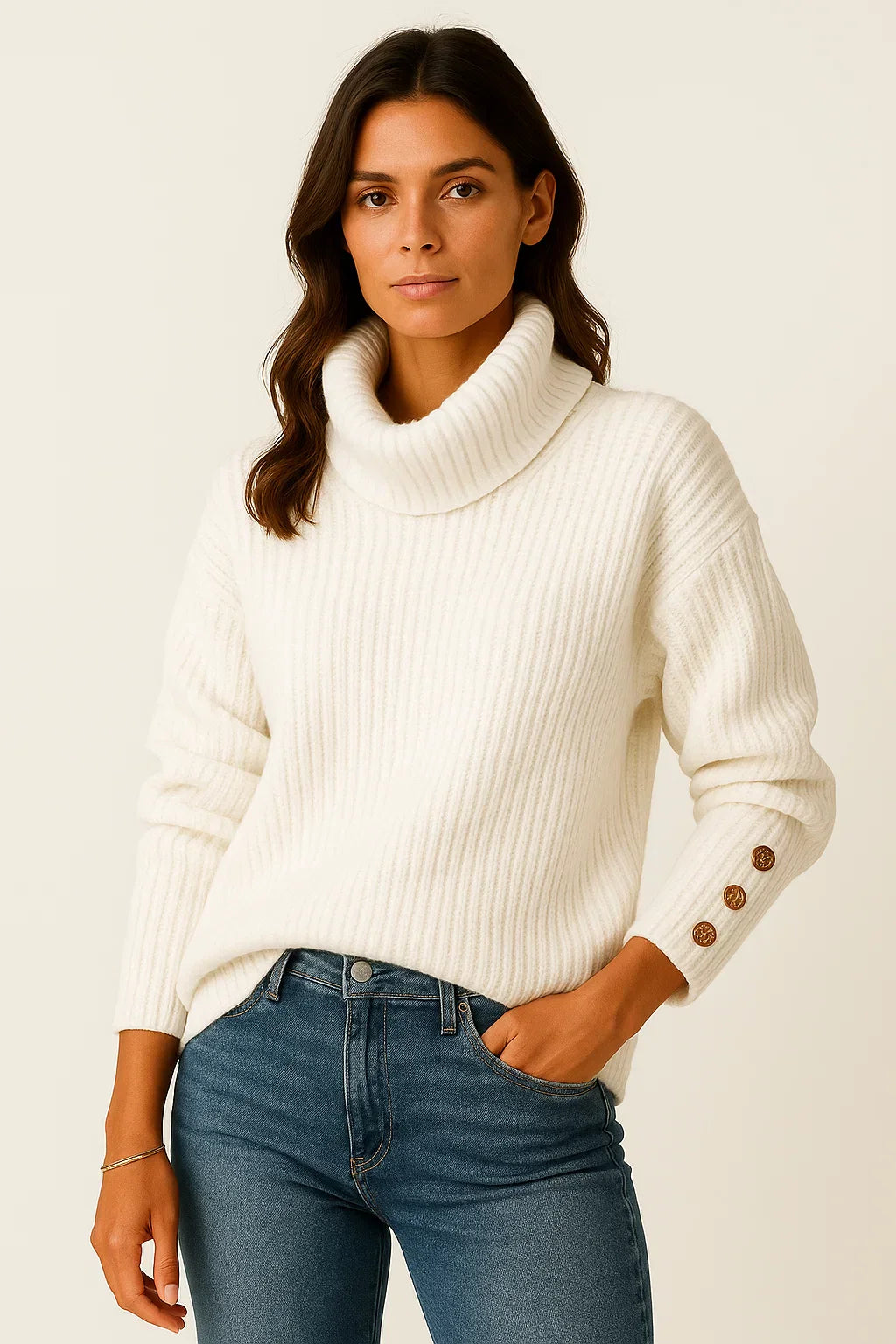 Ribbed Turtleneck Sweater | Button Cuff Detail | Relaxed Fit
