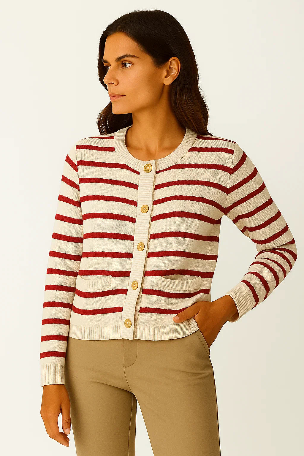 Striped Button Cardigan | Soft Knit | Gold Accent Detailing