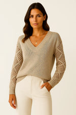 Load image into Gallery viewer, Clarté Open-Knit V-Neck Sweater | Lightweight Cotton Blend | Relaxed Fit
