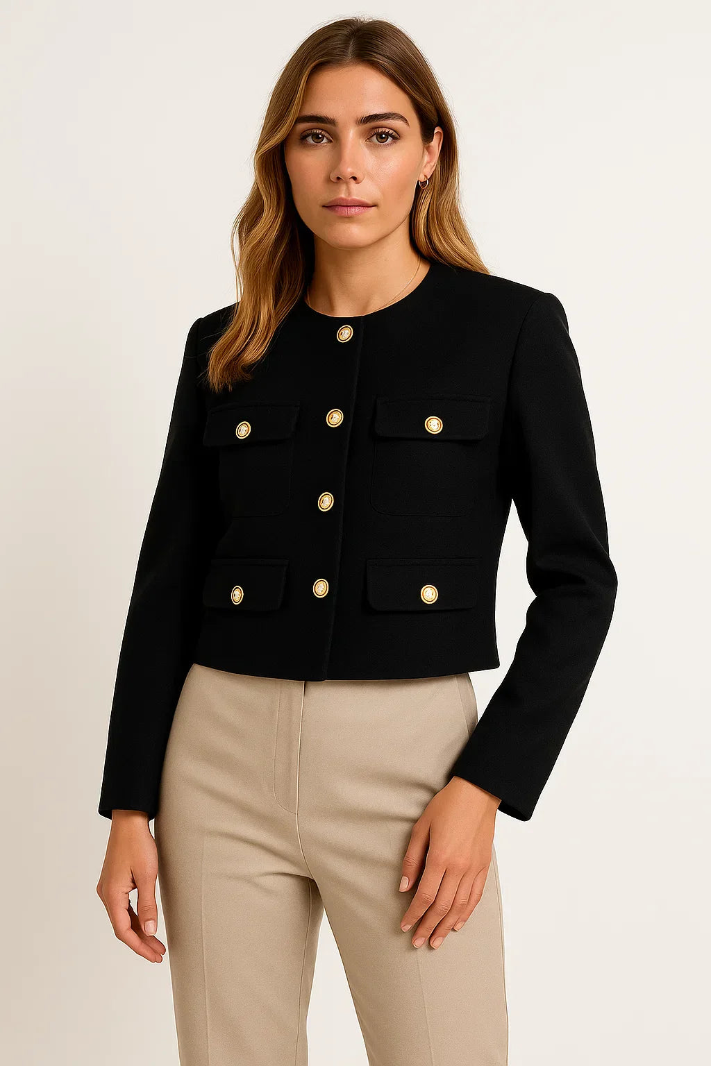 Women’s Cropped Jacket | Gold Button Detail | Structured Polyester Blend