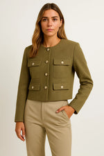 Load image into Gallery viewer, Women’s Cropped Jacket | Gold Button Detail | Structured Polyester Blend
