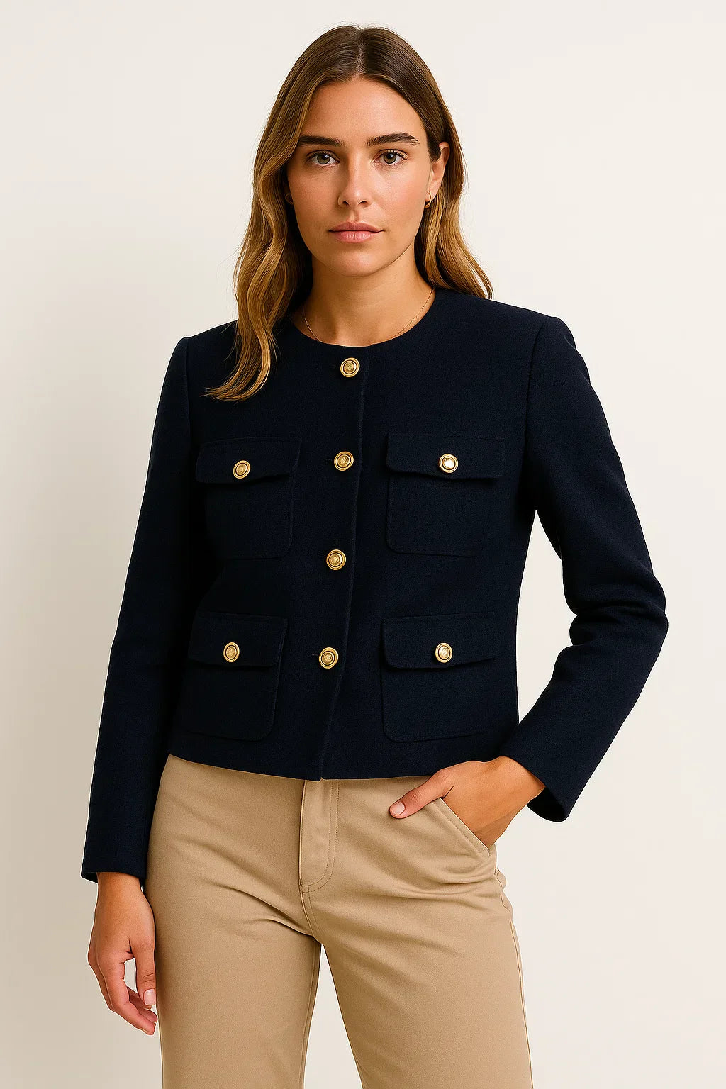 Veste Cropped Femme | Détail Bouton Or | Polyester Structuré