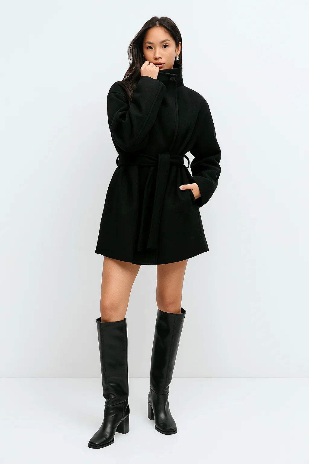 Wool Blend Belted Coat | Stand Collar | Mid Length