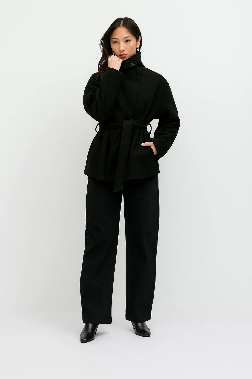 Wool Blend Belted Coat | Stand Collar | Mid Length