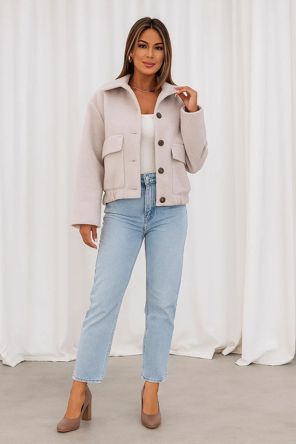 Wool Blend Cropped Jacket | Elastic Hem | Single Breasted