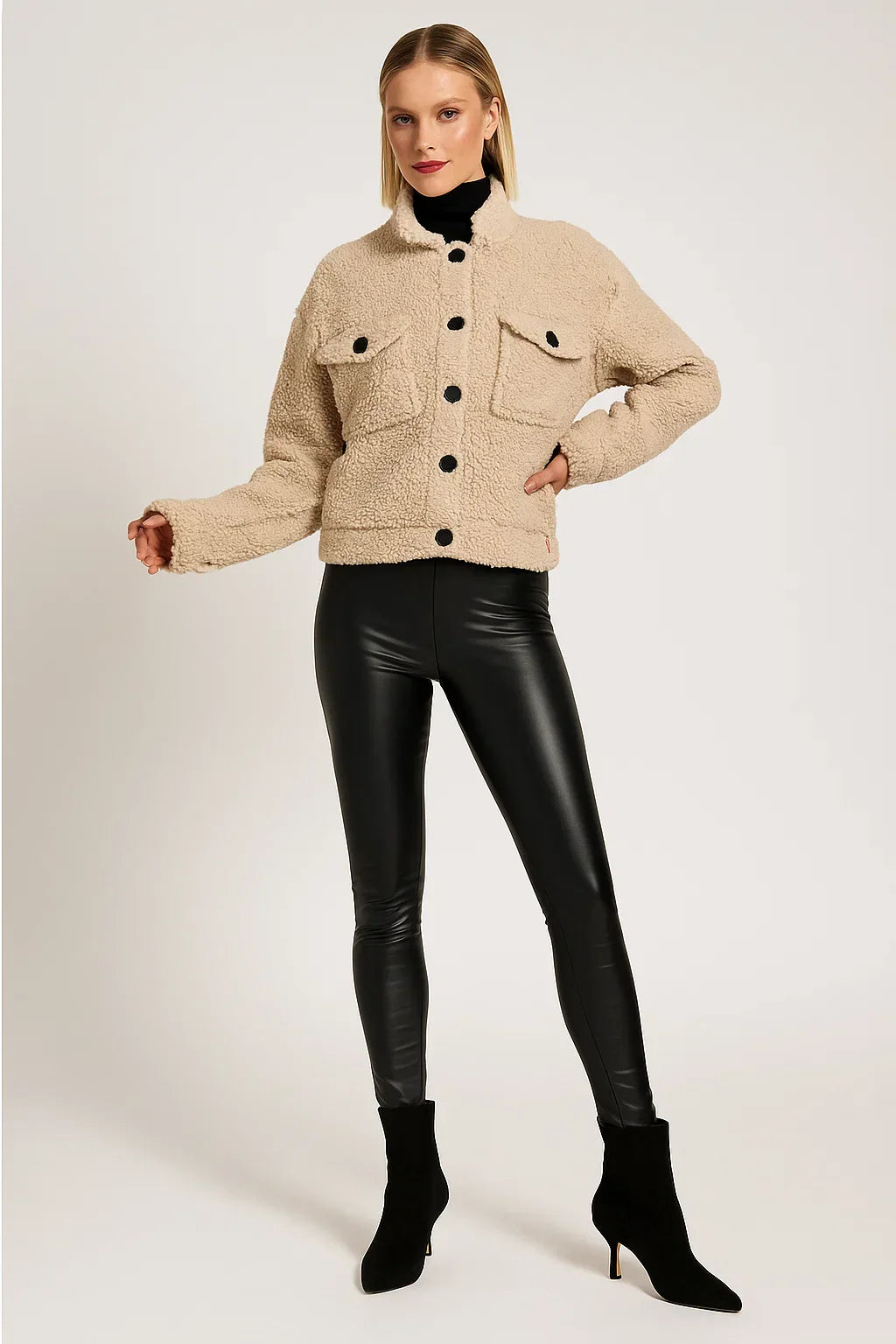 Sherpa Jacket | Contrast Buttons | Cropped Wool Blend