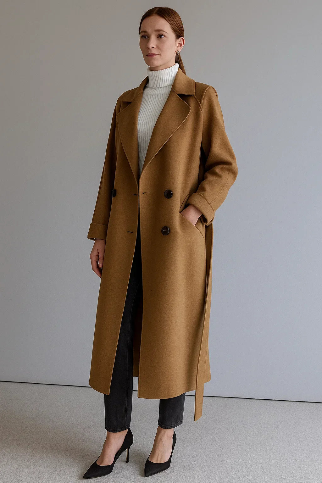 Wool Blend Long Coat | Oversized Fit | Belted Winter Design
