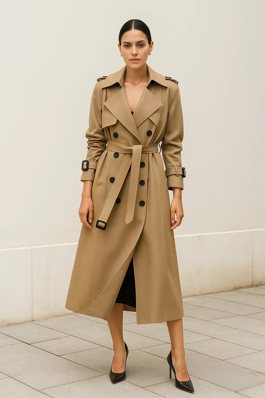 Fondamentale Long Trench Coat | Belted A-Line Silhouette | Classic Mid-Season Design