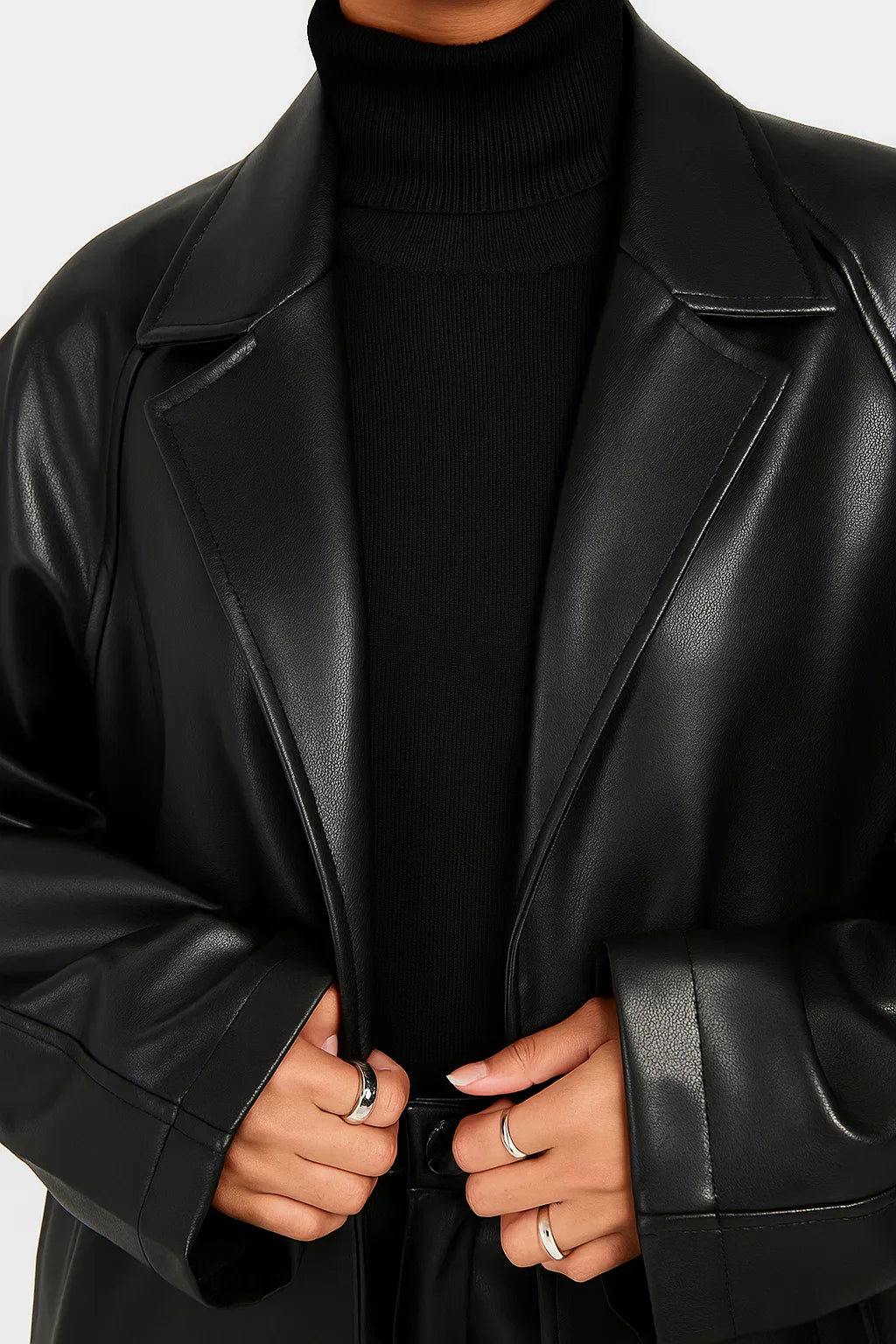 Faux Leather Long Coat | Oversized Fit | Open Front