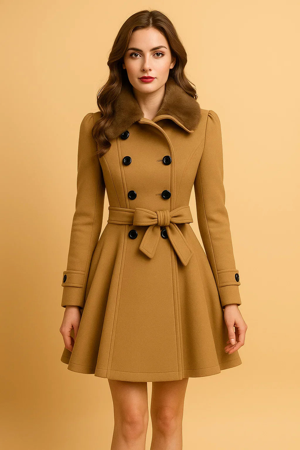 Minuit Belted A-Line Coat | Faux Fur Collar