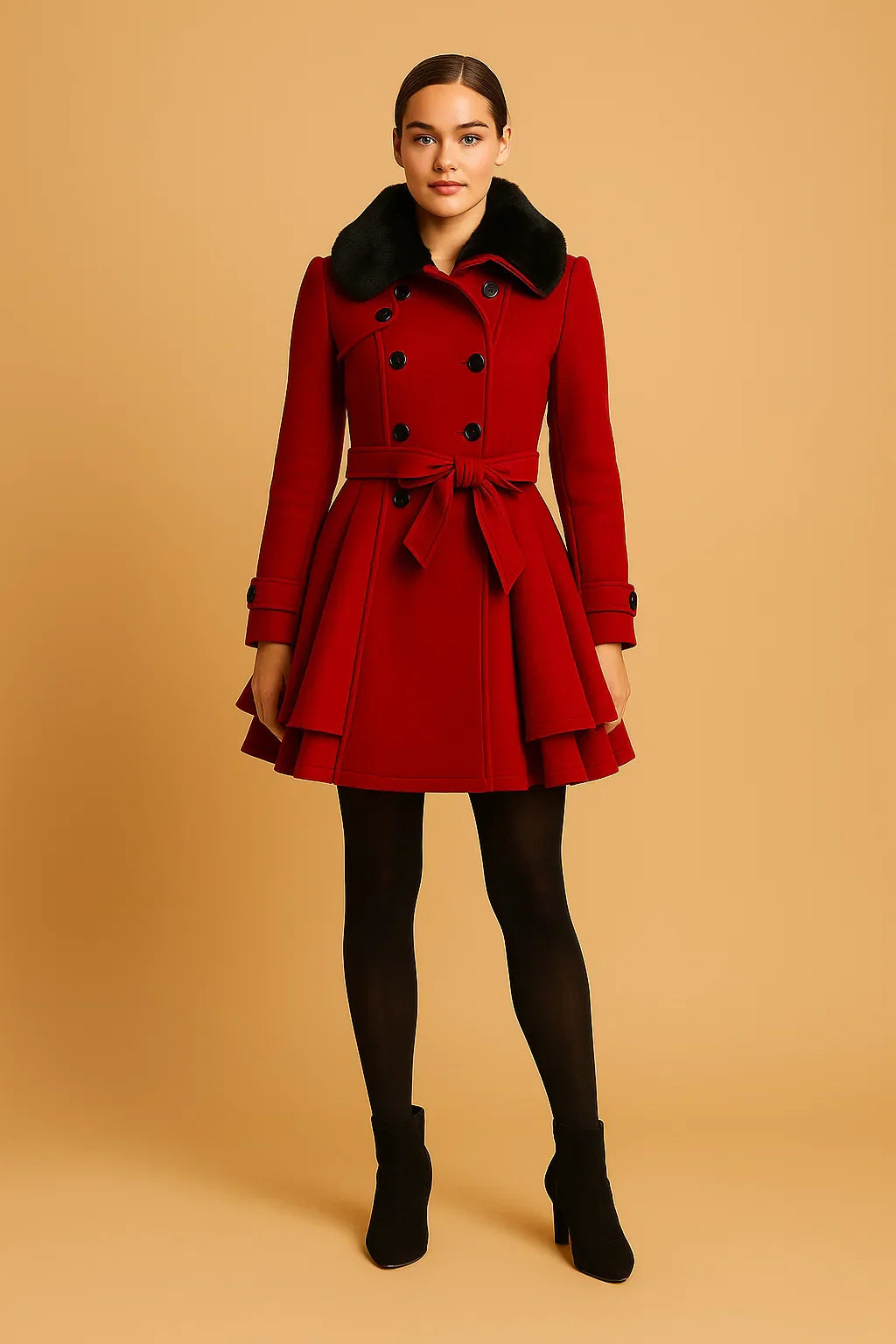 Minuit Belted A-Line Coat | Faux Fur Collar