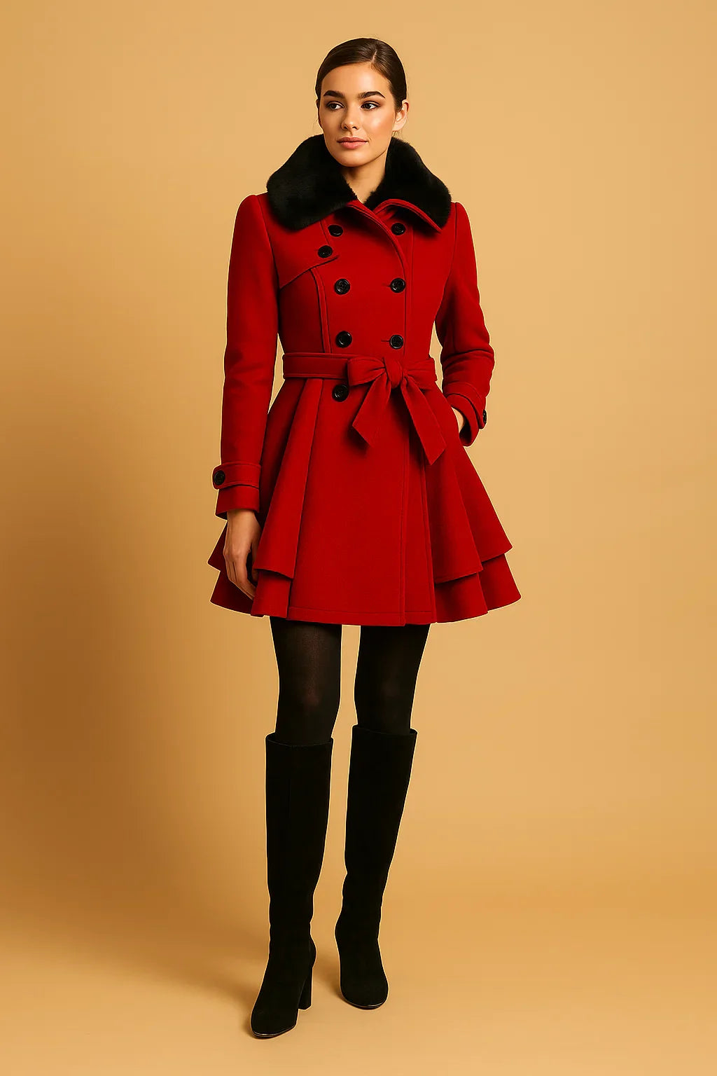 Minuit Belted A-Line Coat | Faux Fur Collar