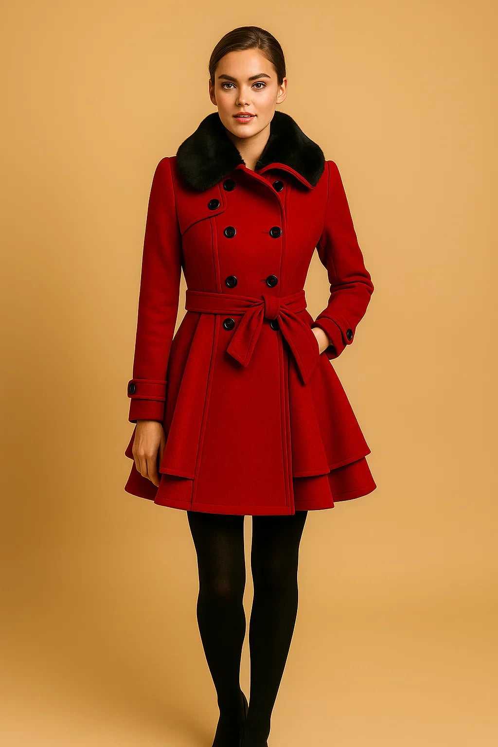 Minuit Belted A-Line Coat | Faux Fur Collar