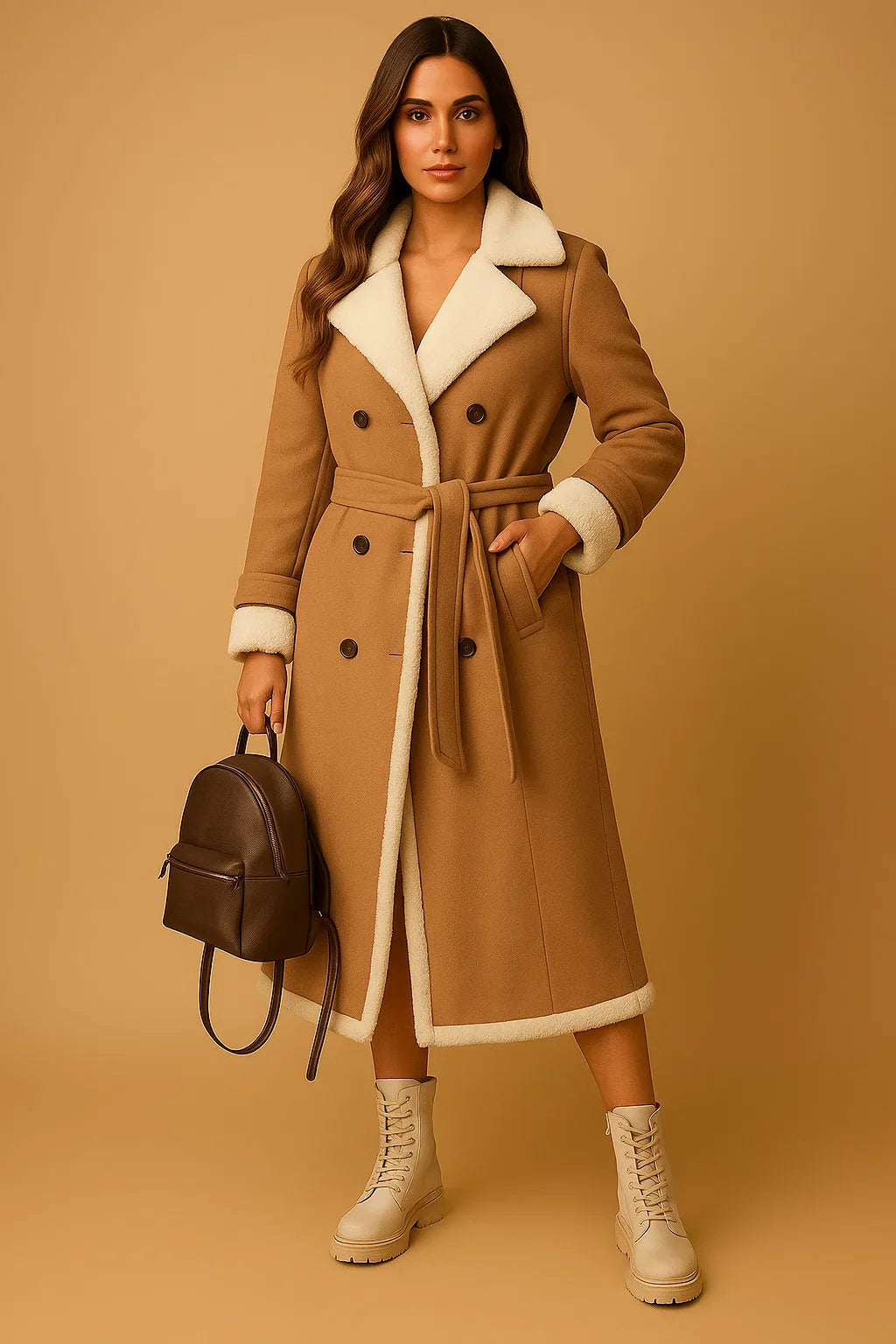 Manteau en Mélange de Laine Double Breasted | Col en Shearling | Vêtements d'Hiver