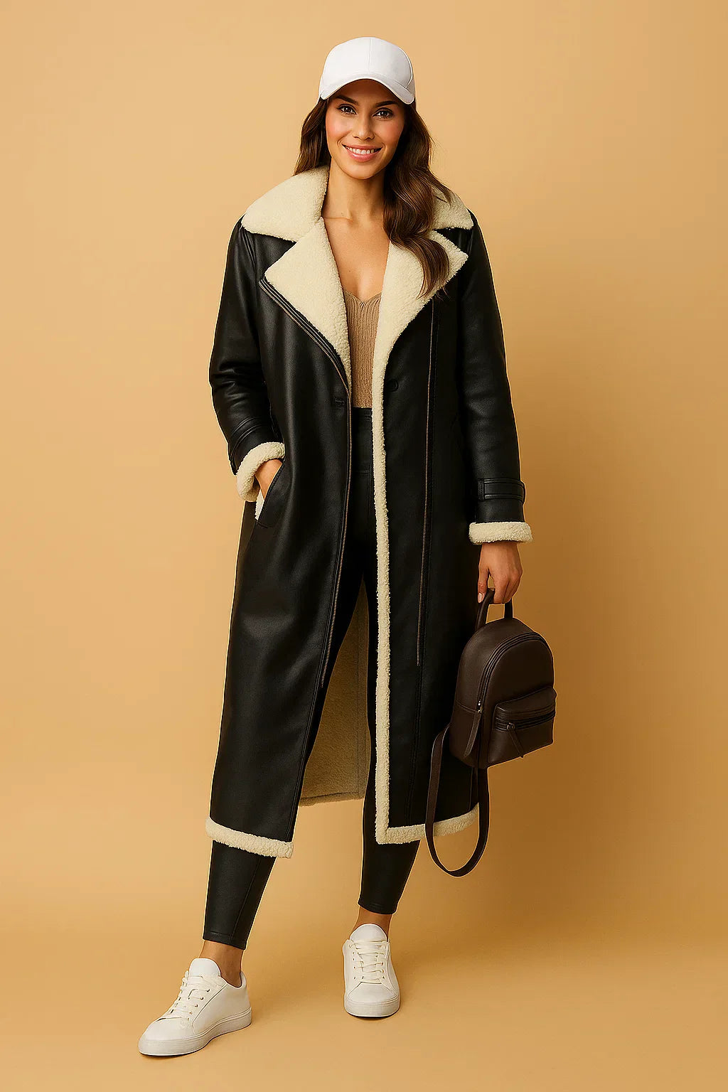 Wool Blend Double Breasted Coat | Shearling Collar | Winter Outerwear