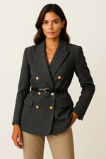 Load image into Gallery viewer, Double-Breasted Wool Blend Blazer | Belted Herringbone | Slim Fit
