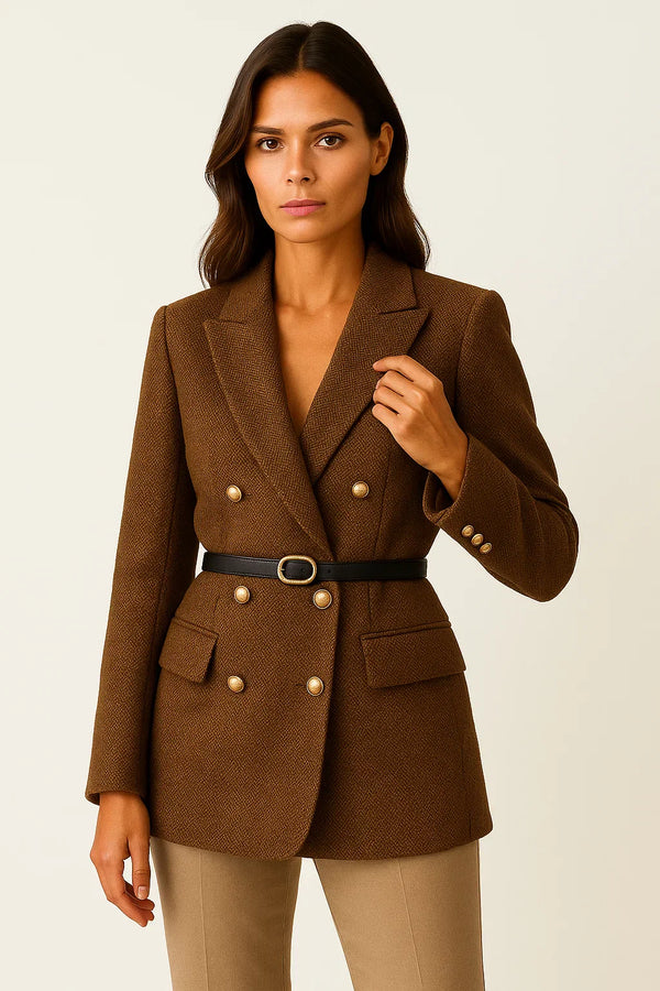 Double-Breasted Wool Blend Blazer | Belted Herringbone | Slim Fit