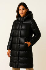 Load image into Gallery viewer, Women&#39;s Long Down Puffer Coat | Hooded Quilted Design | Winter Insulated
