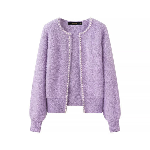 Faux Mink Cardigan | Pearl Trim | Open Front