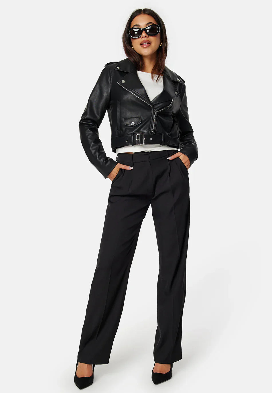 Cropped Faux Leather Biker Jacket | Belted Design