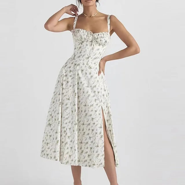 Robe Midi Florale Corsetée | Décolleté Coeur, Jupe Fendue, Bretelles Spaghetti