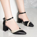 Load image into Gallery viewer, Block Heel Ankle Strap Pumps | Contrast Band | Pointed Toe
