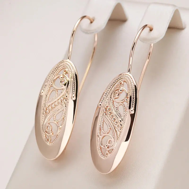 Rose Gold Drop Earrings | Hollow Filigree Oval Design