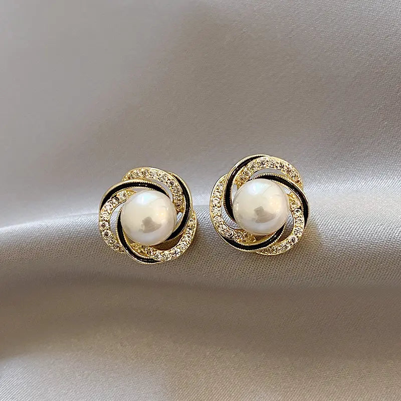 Pearl and Crystal Stud Earrings | Rose Flower Design