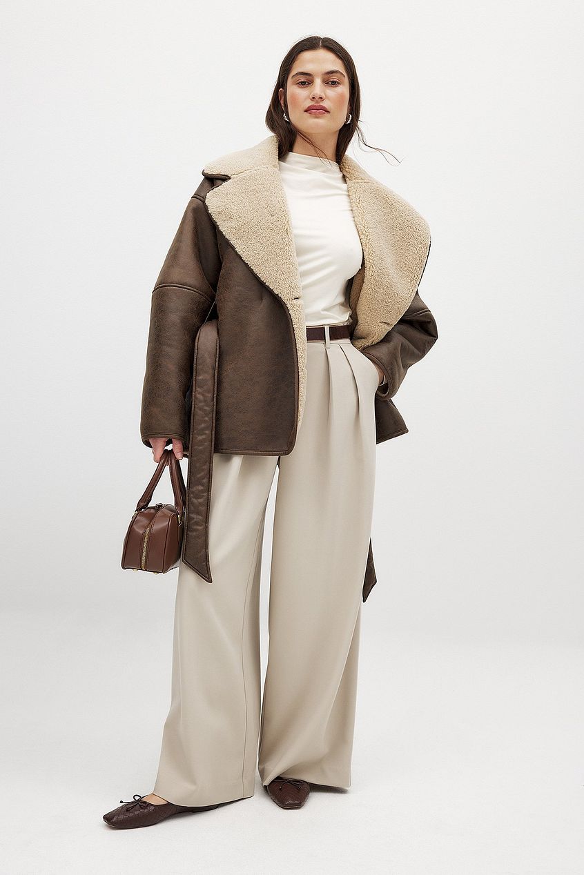 Faux Shearling Coat | Turn-Down Collar | Side Zip Closure