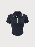 Load image into Gallery viewer, Contrast Collar Polo Top | Short Sleeve Zip Front
