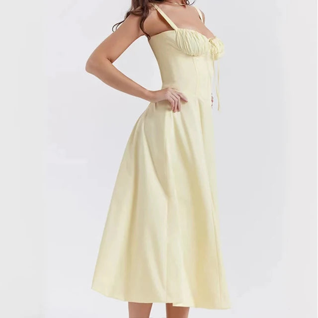 Robe Midi Florale Corsetée | Décolleté Coeur, Jupe Fendue, Bretelles Spaghetti